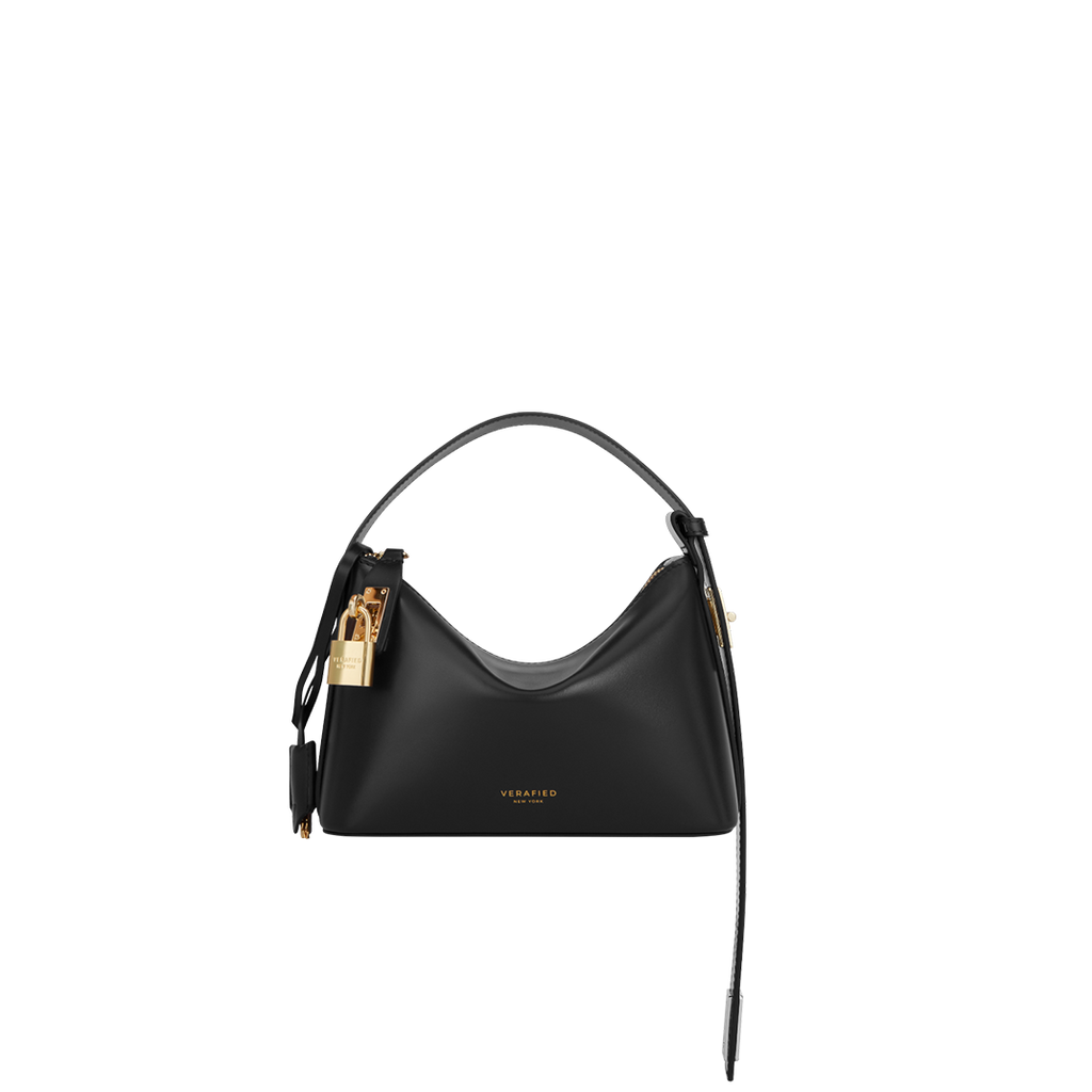 Chic Mini Black Leather Hobo Shoulder Bag with Gold Hardware, Versatile Style