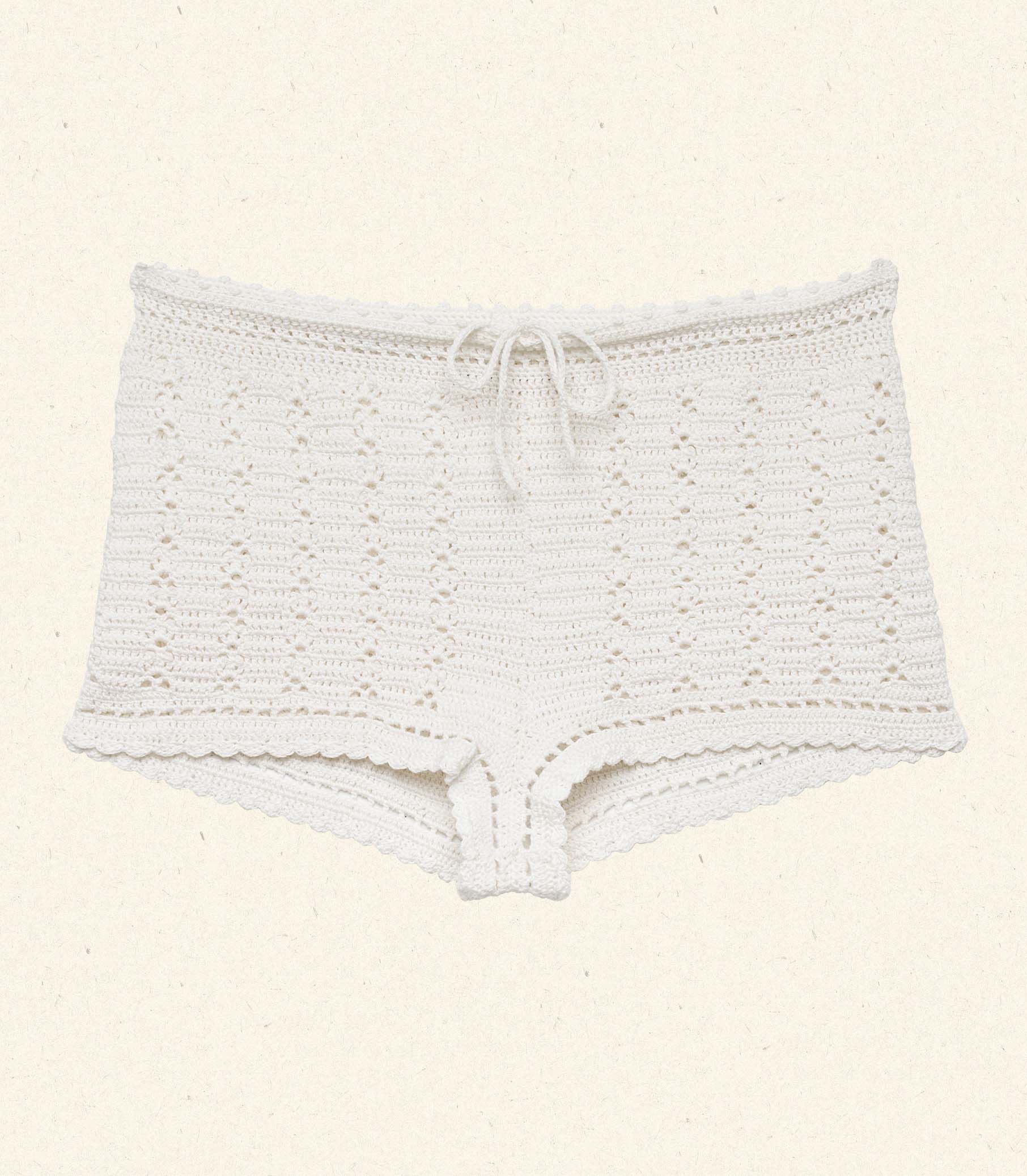 Hand-Crocheted Pearl Pima Cotton Noelle Shorts with Adjustable Drawstring Waist