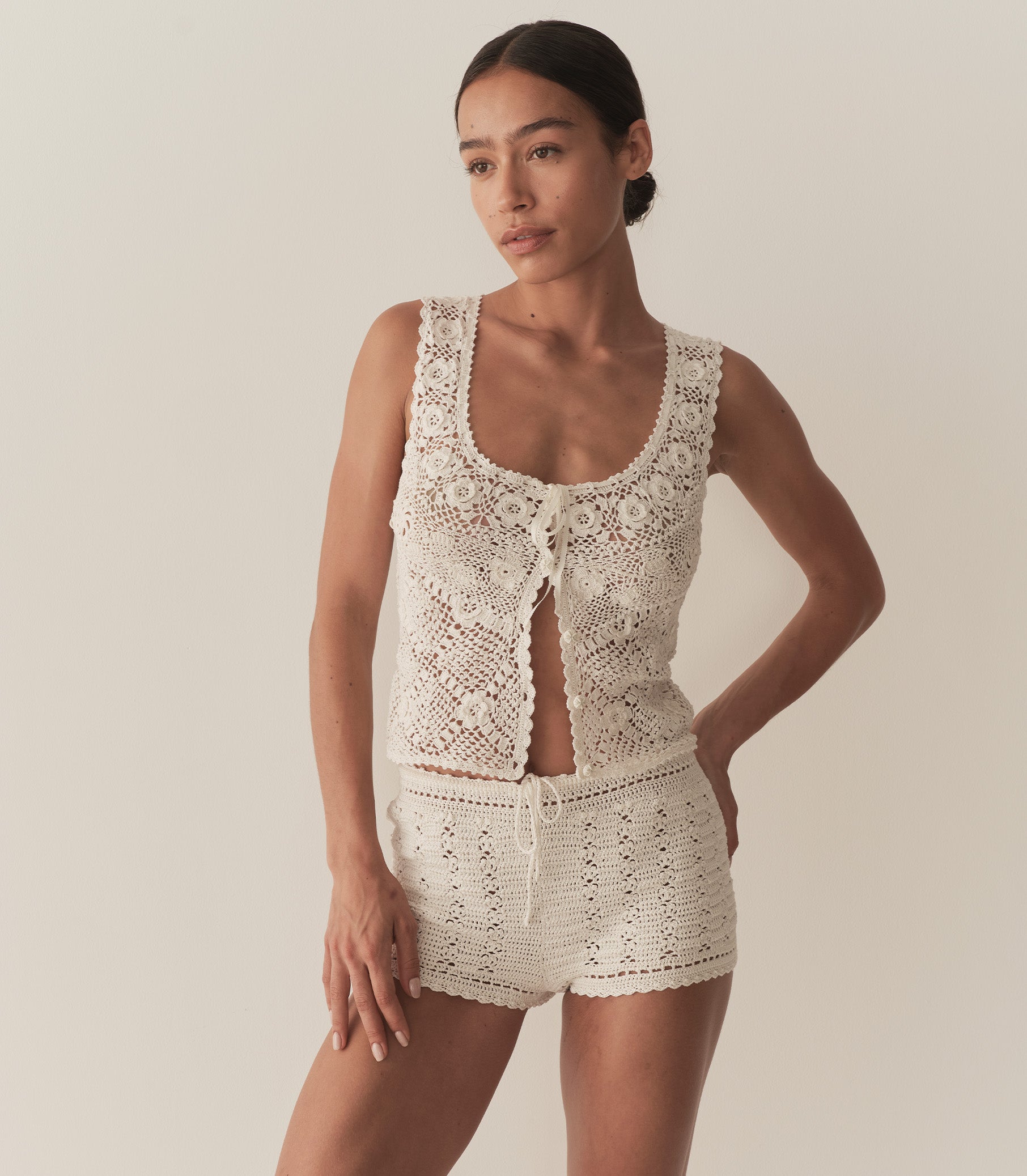 Hand-Crocheted Pearl Pima Cotton Noelle Shorts with Adjustable Drawstring Waist