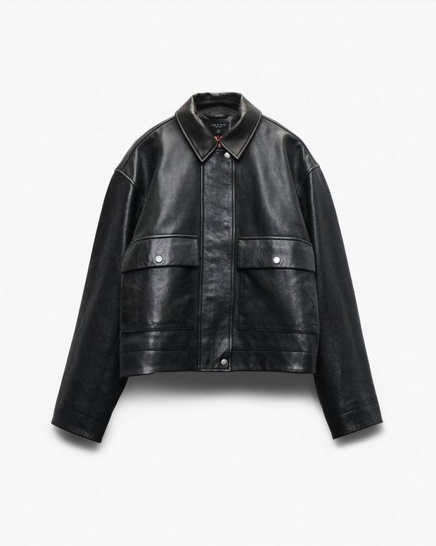 Rag & Bone Nonie Black Lamb Leather Cropped Oversized Jacket for Women