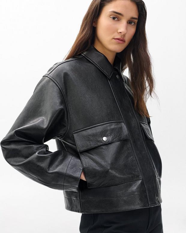 Rag & Bone Nonie Black Lamb Leather Cropped Oversized Jacket for Women