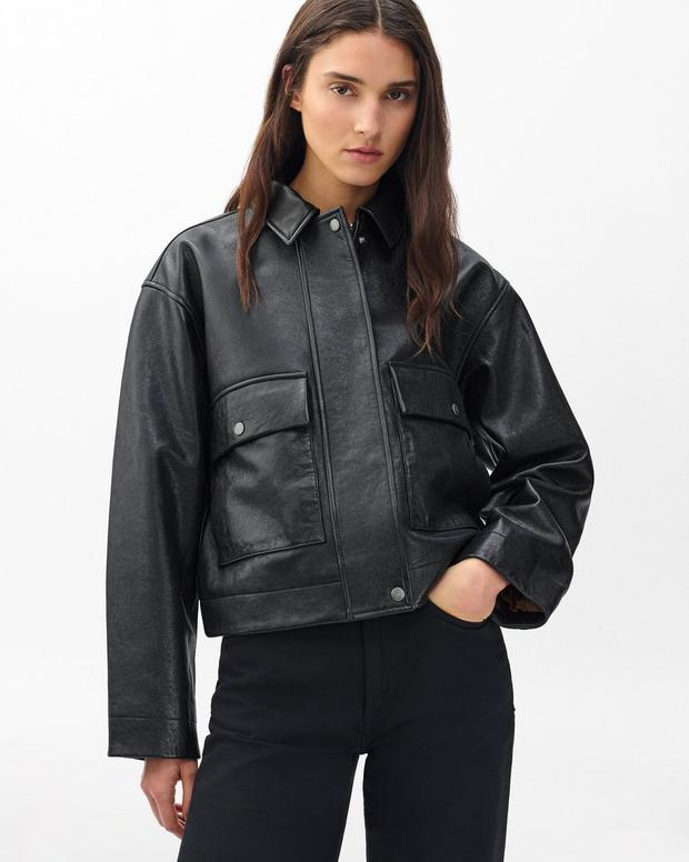 Rag & Bone Nonie Black Lamb Leather Cropped Oversized Jacket for Women