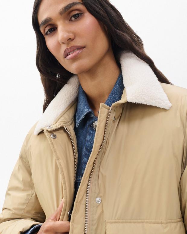 Rag & Bone Nonie Cropped Khaki Puffer Jacket with Faux Sherpa Collar