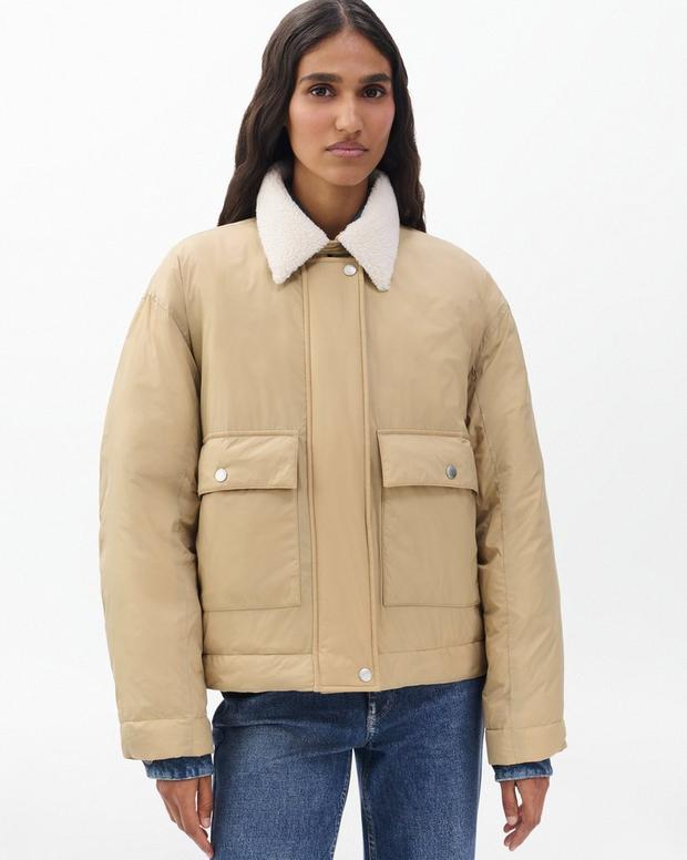 Rag & Bone Nonie Cropped Khaki Puffer Jacket with Faux Sherpa Collar