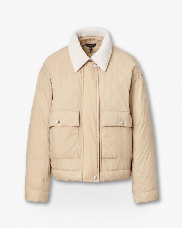Rag & Bone Nonie Cropped Khaki Puffer Jacket with Faux Sherpa Collar