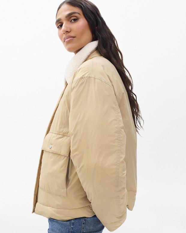 Rag & Bone Nonie Cropped Khaki Puffer Jacket with Faux Sherpa Collar