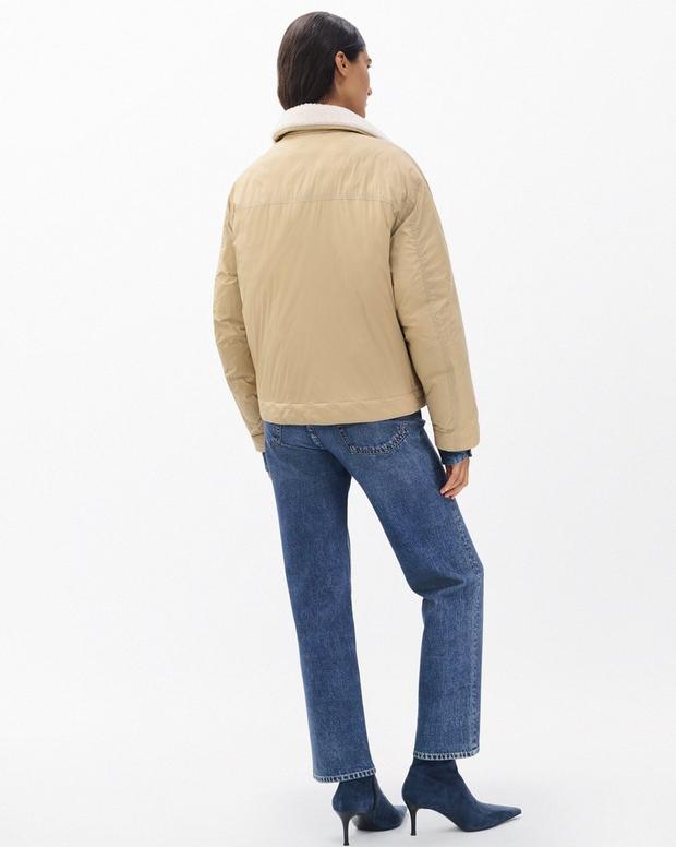 Rag & Bone Nonie Cropped Khaki Puffer Jacket with Faux Sherpa Collar