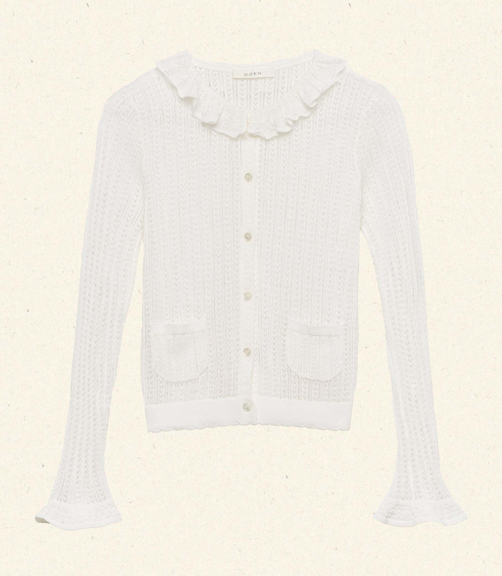 Delicate Merino Wool Blend Pointelle Cardigan - Ruffled Collar & Pockets