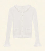 Delicate Merino Wool Blend Pointelle Cardigan - Ruffled Collar & Pockets