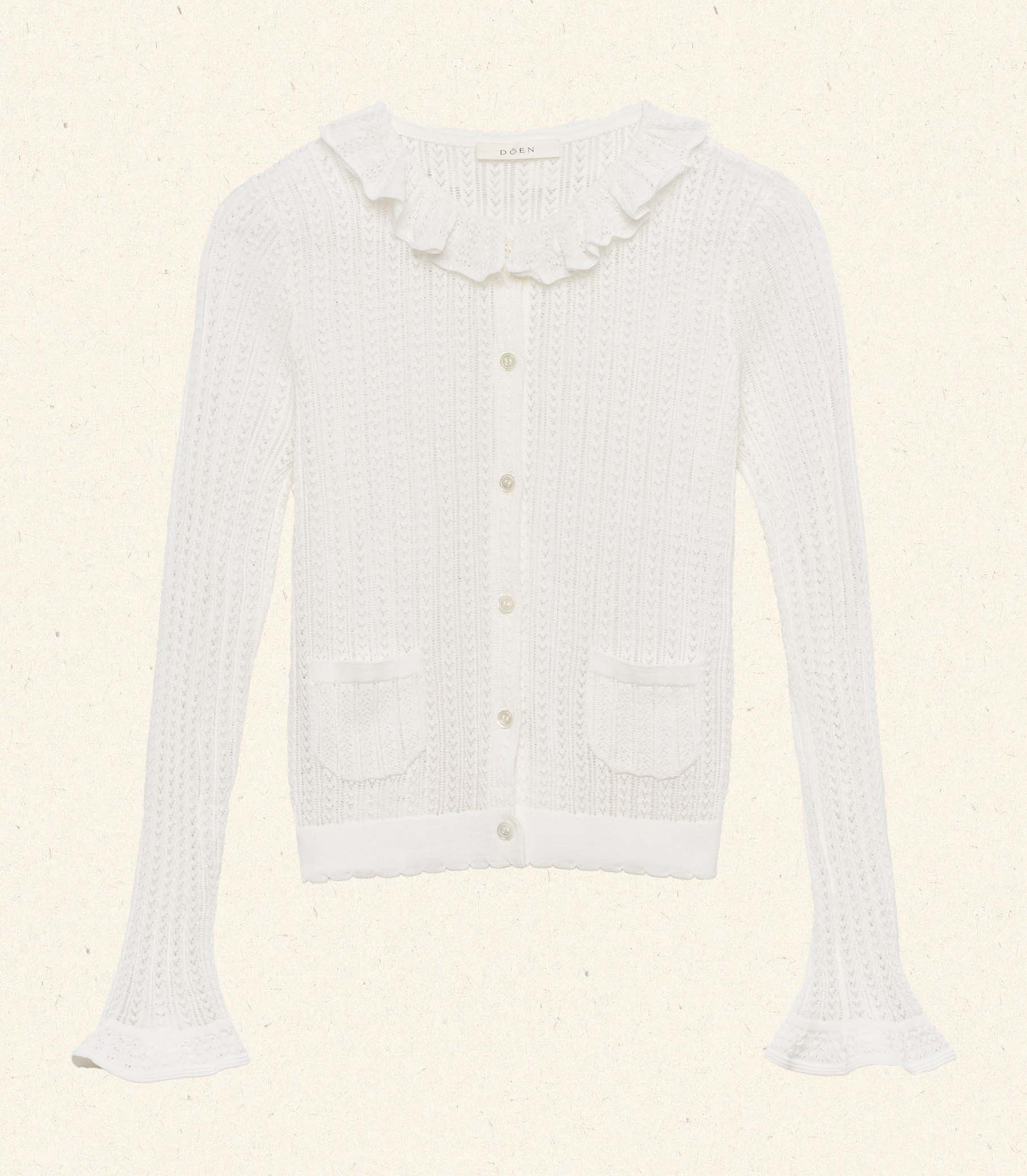 Delicate Merino Wool Blend Pointelle Cardigan - Ruffled Collar & Pockets