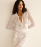 Delicate Merino Wool Blend Pointelle Cardigan - Ruffled Collar & Pockets