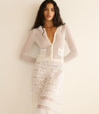 Delicate Merino Wool Blend Pointelle Cardigan - Ruffled Collar & Pockets