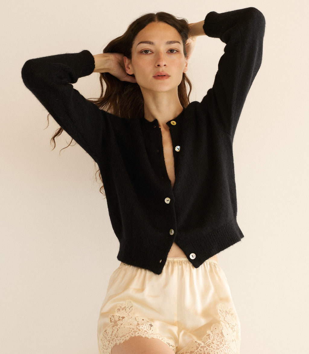 DOEN Petra Black Alpaca Merino Wool Cardigan - Soft Crew Neck Sweater