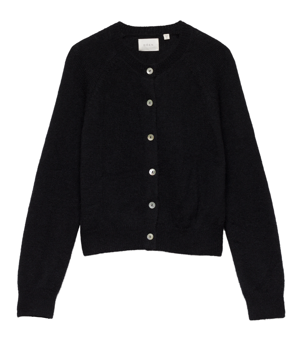 DOEN Petra Black Alpaca Merino Wool Cardigan - Soft Crew Neck Sweater