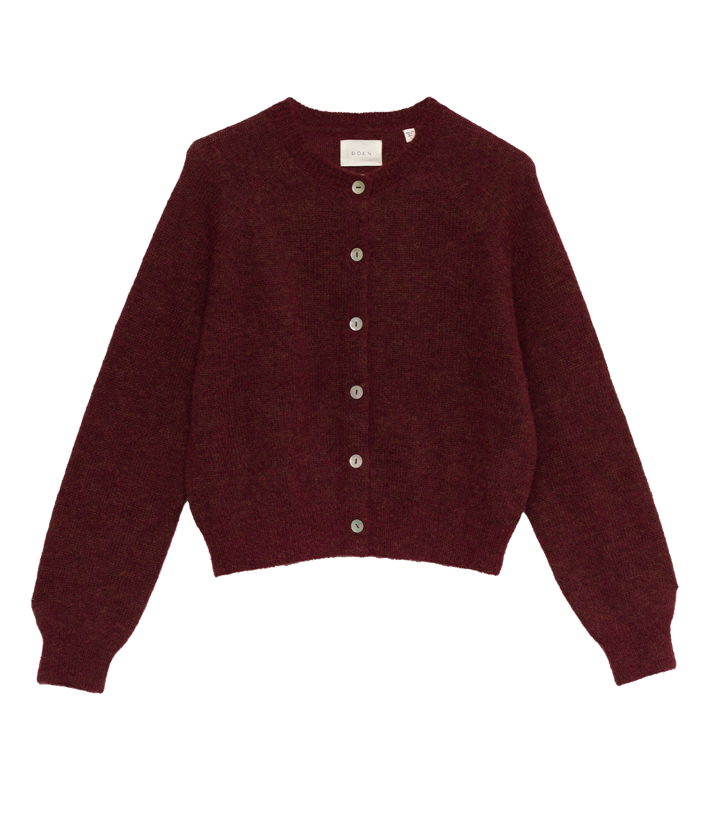 Cozy Bordeaux Petra Cardigan: Superfine Alpaca Merino Wool, Classic Crew Neck Style