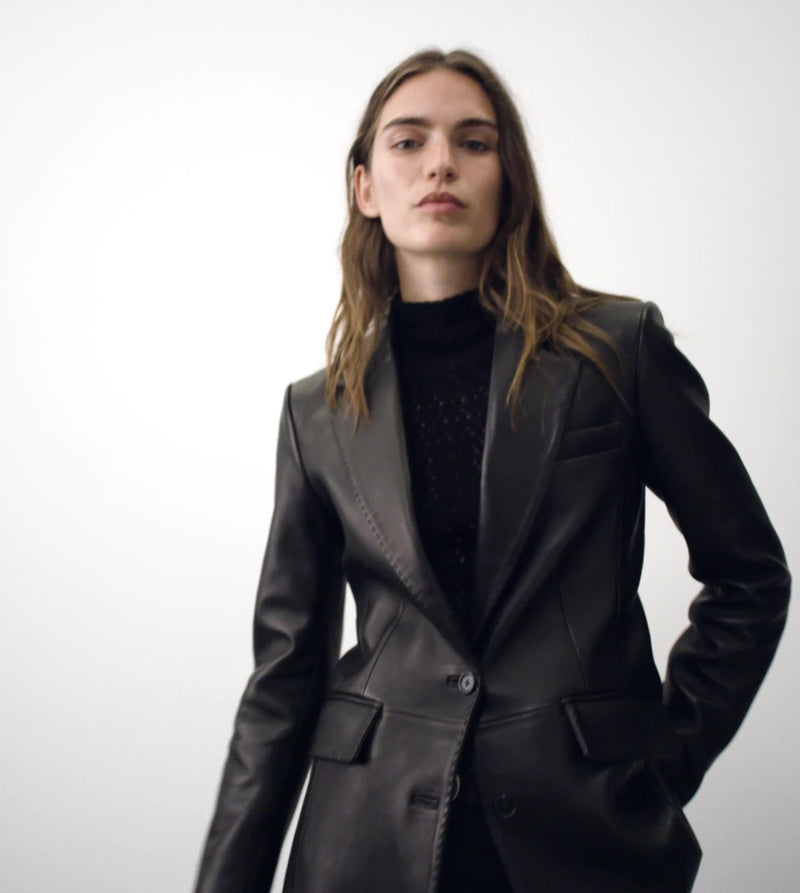 Luxurious Ash Lamb Leather Blazer for Women - Elegant Two-Button Tailored Fit