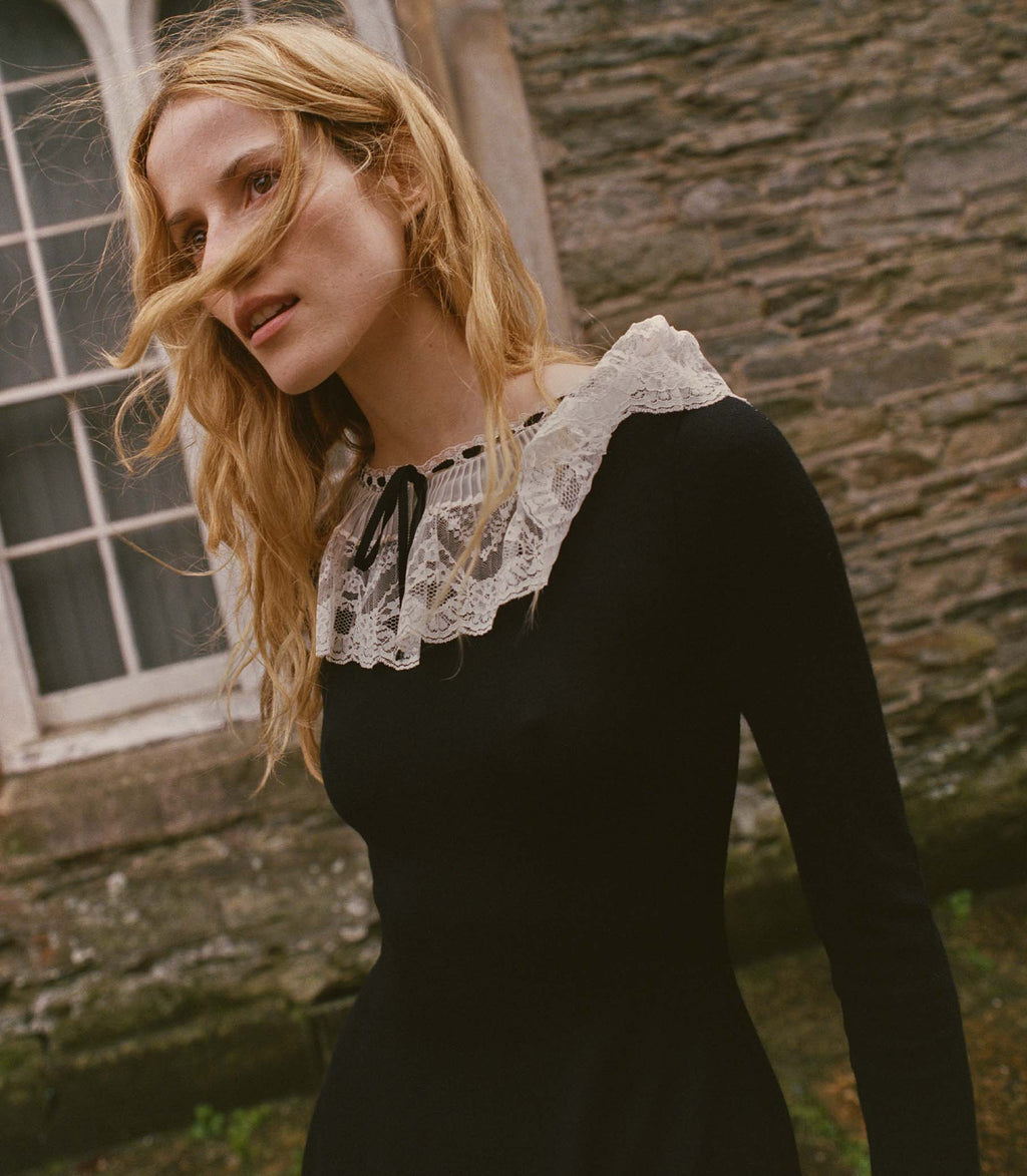Elegant Black Merino Wool Mini Dress with Victorian Lace Collar & Cuffs