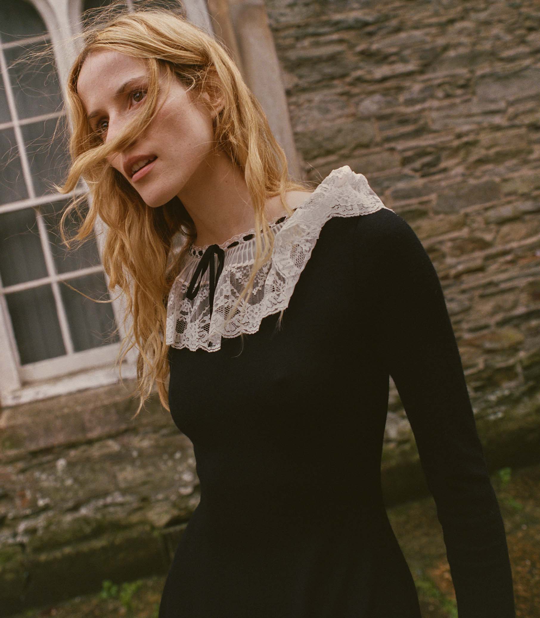 Elegant Black Merino Wool Mini Dress with Victorian Lace Collar & Cuffs