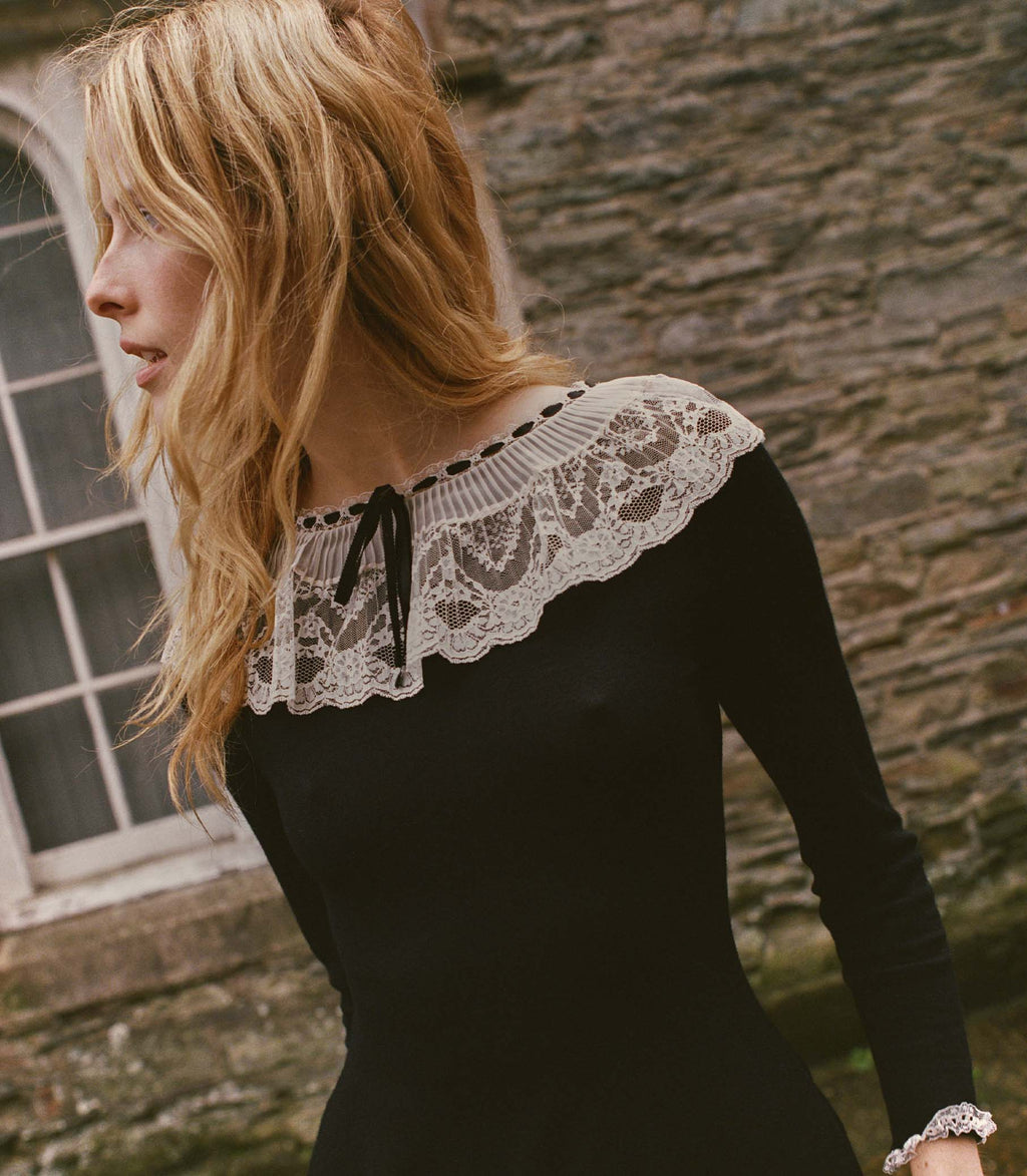 Elegant Black Merino Wool Mini Dress with Victorian Lace Collar & Cuffs