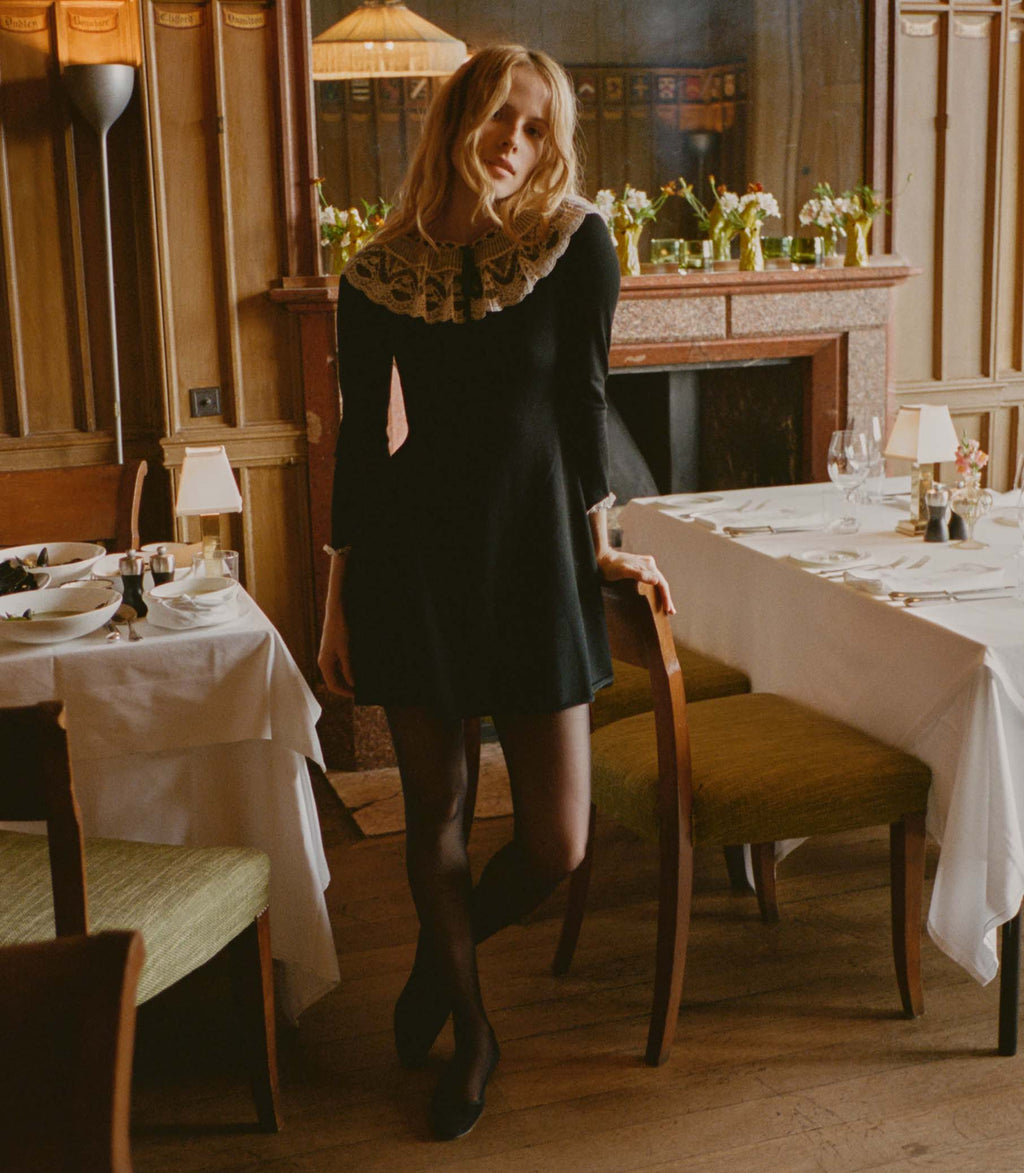 Elegant Black Merino Wool Mini Dress with Victorian Lace Collar & Cuffs