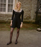 Elegant Black Merino Wool Mini Dress with Victorian Lace Collar & Cuffs