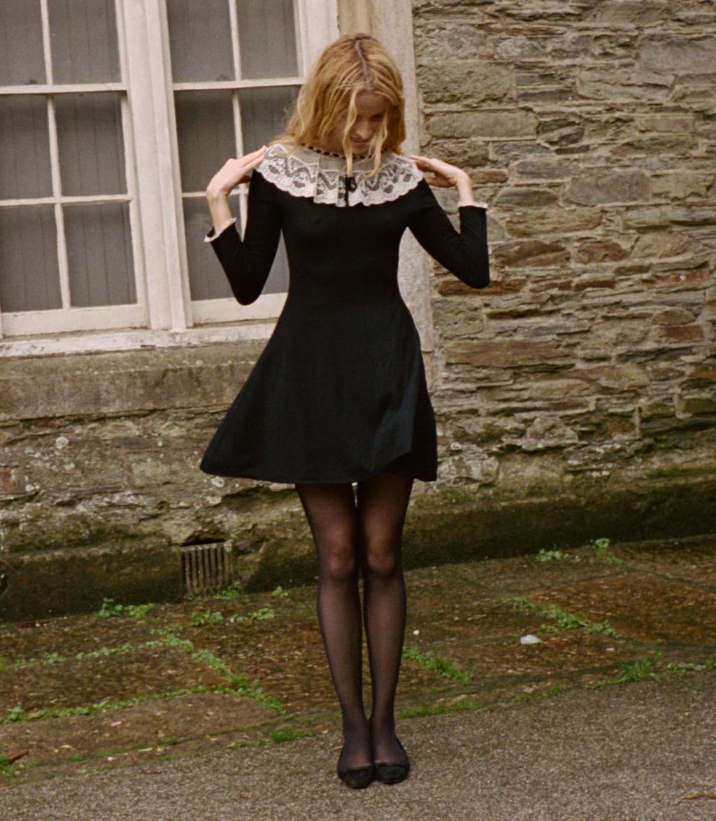 Elegant Black Merino Wool Mini Dress with Victorian Lace Collar & Cuffs