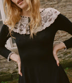 Elegant Black Merino Wool Mini Dress with Victorian Lace Collar & Cuffs