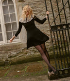 Elegant Black Merino Wool Mini Dress with Victorian Lace Collar & Cuffs
