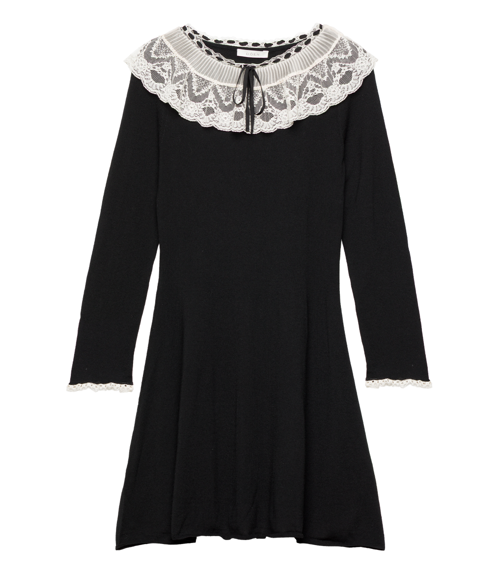 Elegant Black Merino Wool Mini Dress with Victorian Lace Collar & Cuffs