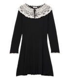 Elegant Black Merino Wool Mini Dress with Victorian Lace Collar & Cuffs