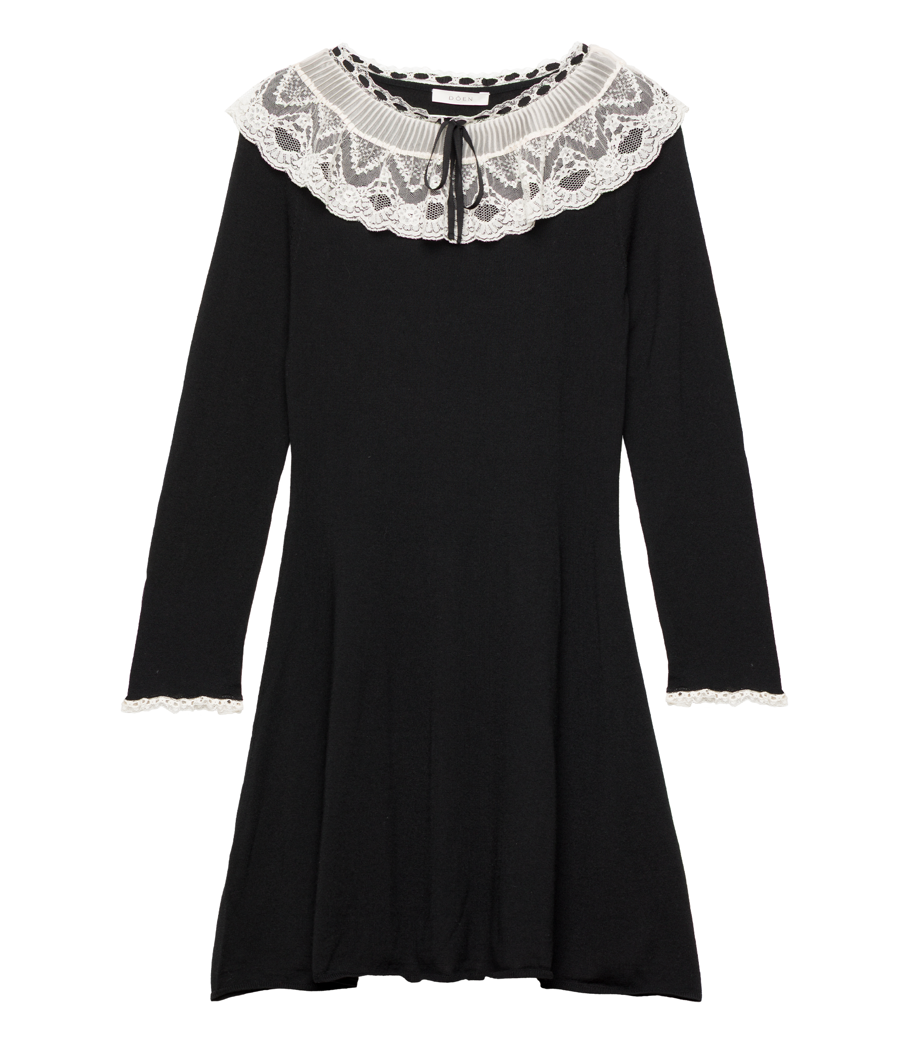 Elegant Black Merino Wool Mini Dress with Victorian Lace Collar & Cuffs