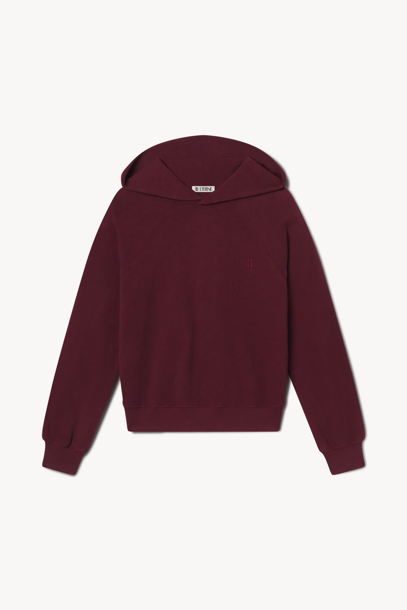 ÉTERNE Cozy Oxblood Shrunken Hoodie Sweatshirt: Lightweight French Terry, Cropped Fit
