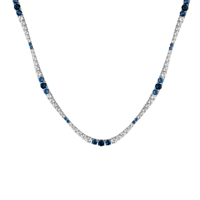 Lab Grown Blue White Sapphire Scalloped Tennis Necklace Vermeil Gold 16-inch