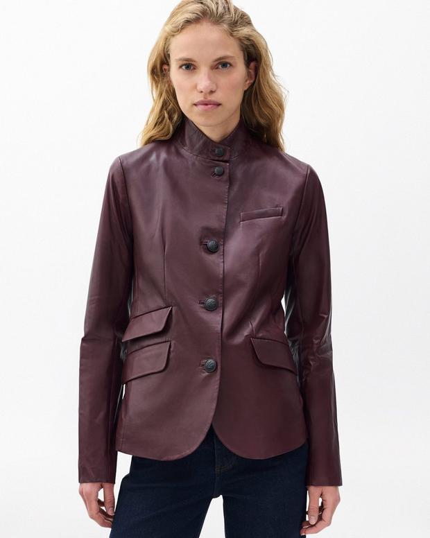 Rag & Bone Women's Luxurious Slim-Fit Lambskin Leather Blazer Jacket Burgundy