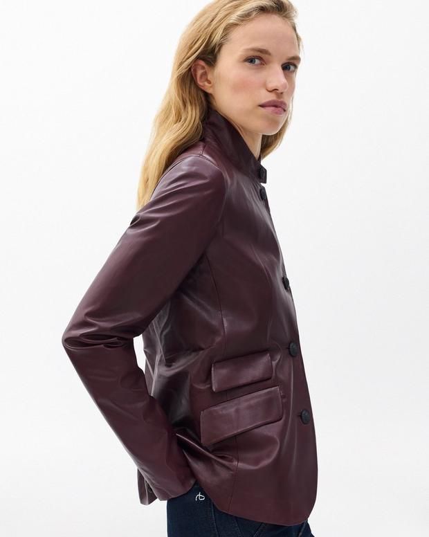 Rag & Bone Women's Luxurious Slim-Fit Lambskin Leather Blazer Jacket Burgundy