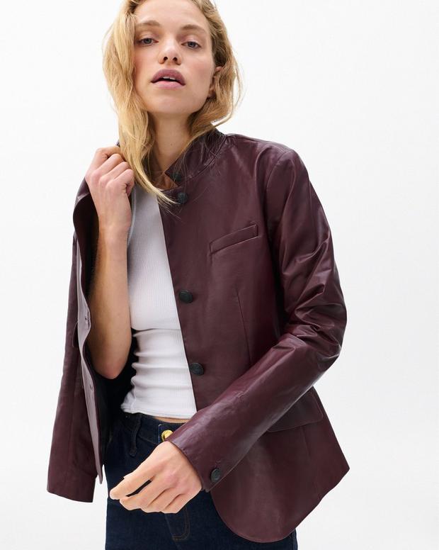 Rag & Bone Women's Luxurious Slim-Fit Lambskin Leather Blazer Jacket Burgundy