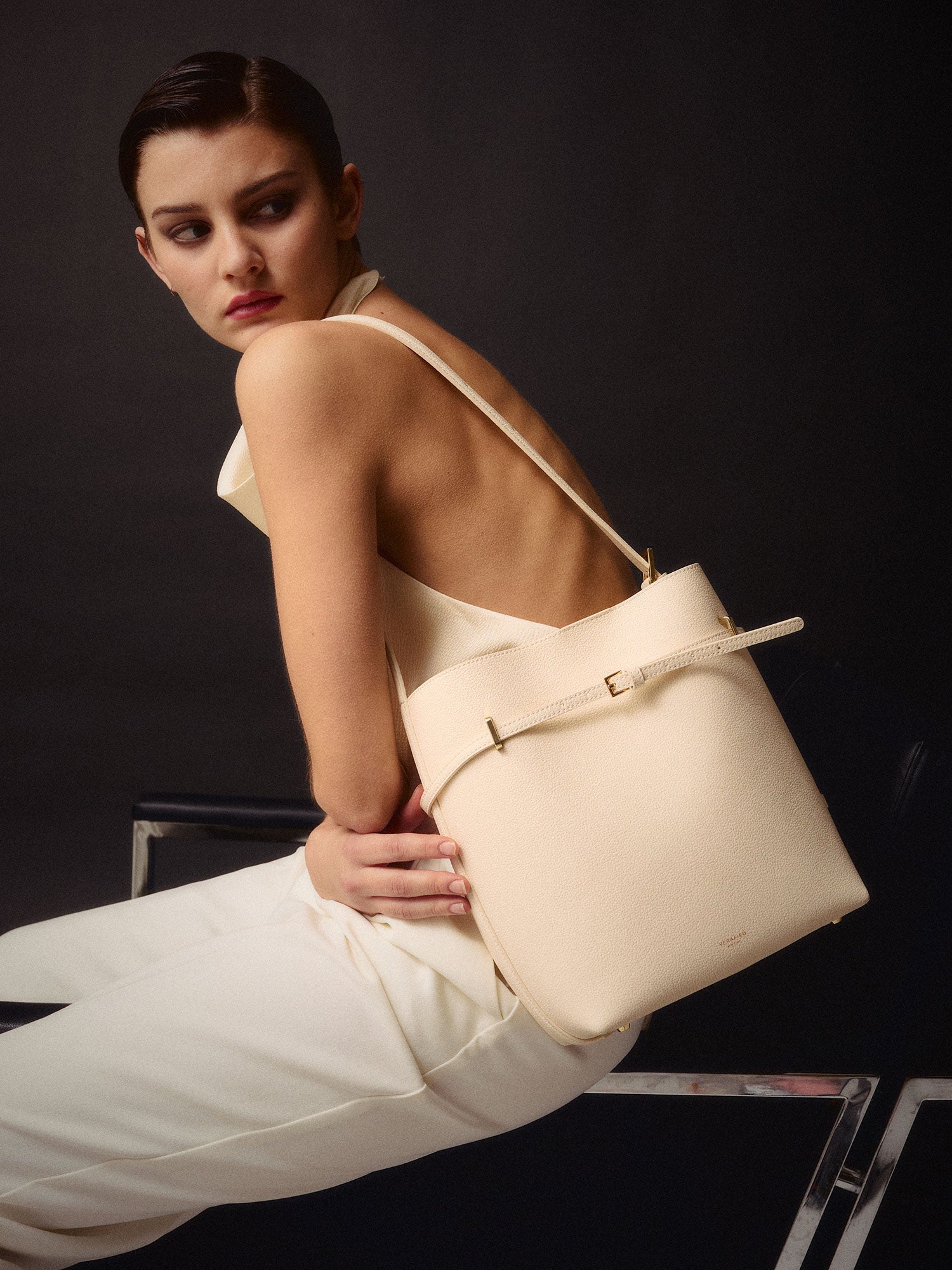 Chic Ivory Togo Leather Belted Tote Bag - Stylish Adjustable Shoulder Handbag