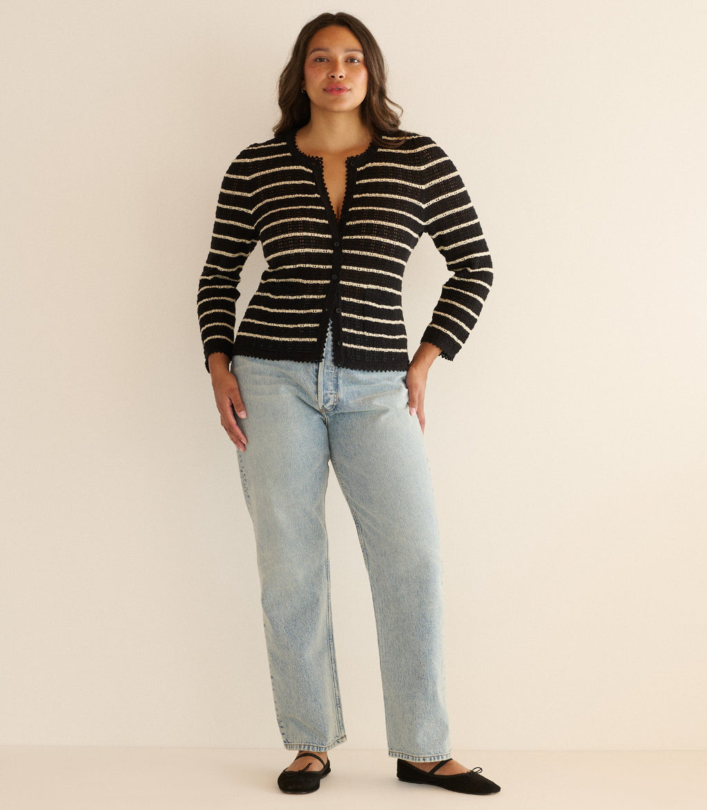 Luxury Pima Cotton Silk Striped Therese Cardigan with Pointelle Knit Design