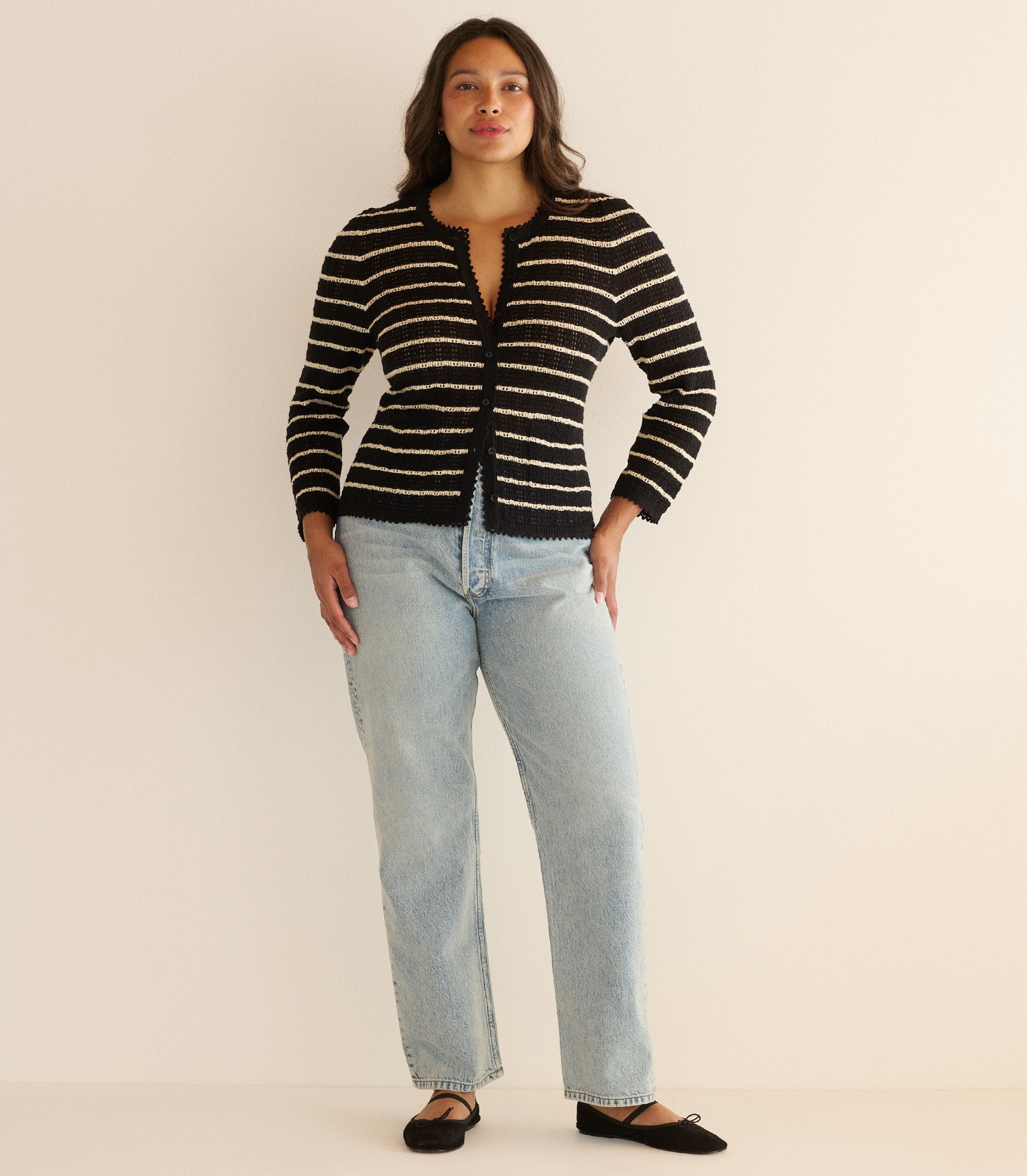 Luxury Pima Cotton Silk Striped Therese Cardigan with Pointelle Knit Design