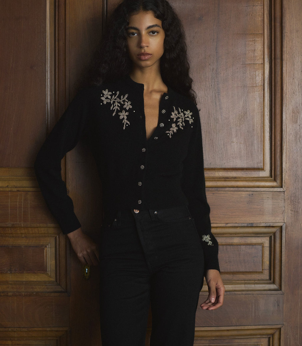 Tresor Black Wool-Cashmere Floral Embroidered Cardigan Sweater with Crystal Buttons