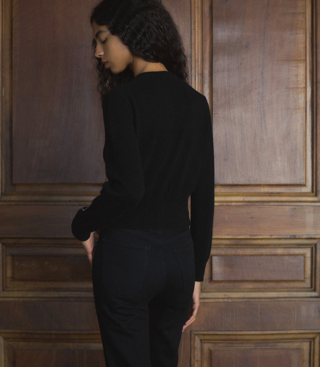 Tresor Black Wool-Cashmere Floral Embroidered Cardigan Sweater with Crystal Buttons