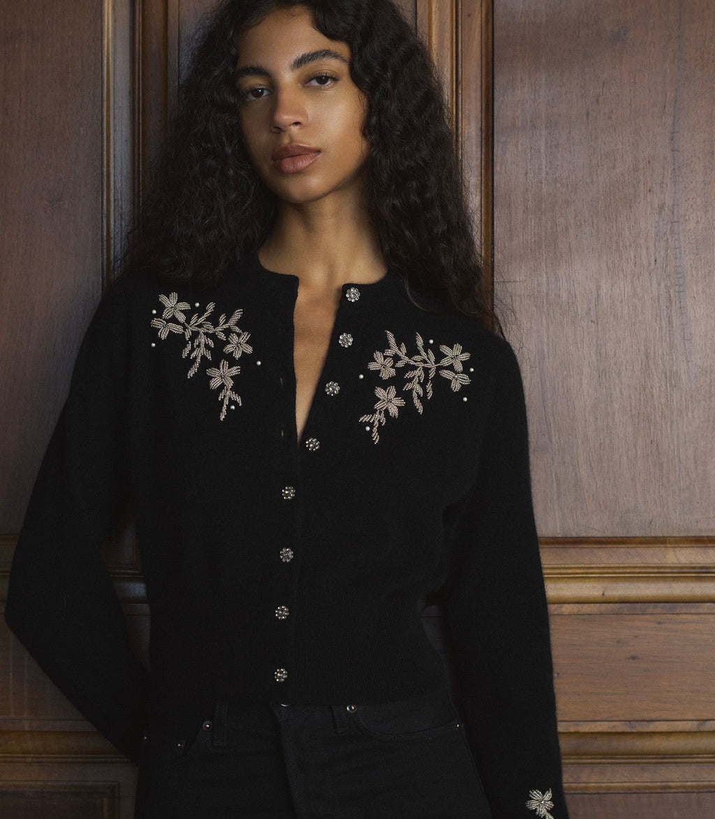 Tresor Black Wool-Cashmere Floral Embroidered Cardigan Sweater with Crystal Buttons