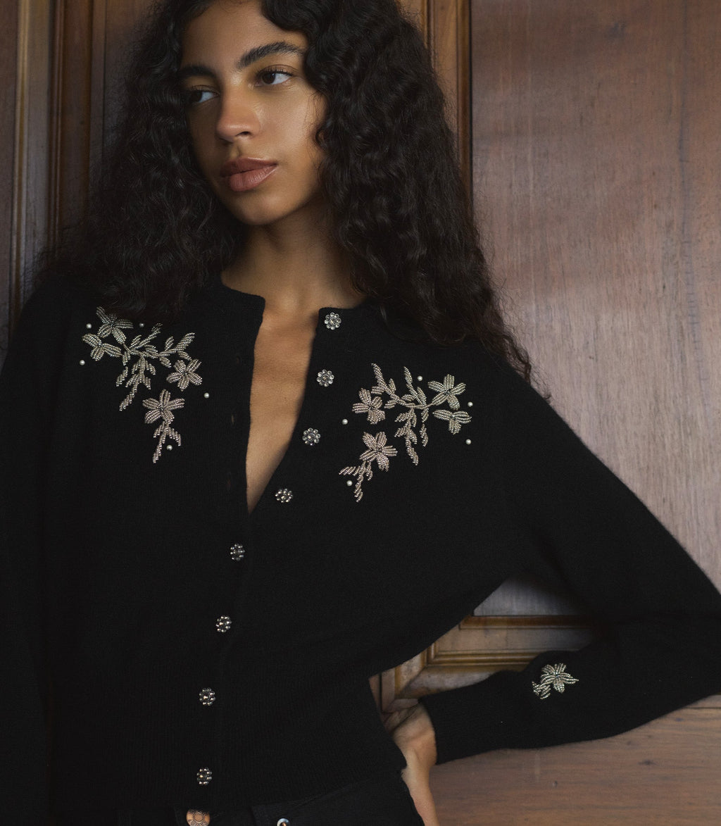 Tresor Black Wool-Cashmere Floral Embroidered Cardigan Sweater with Crystal Buttons