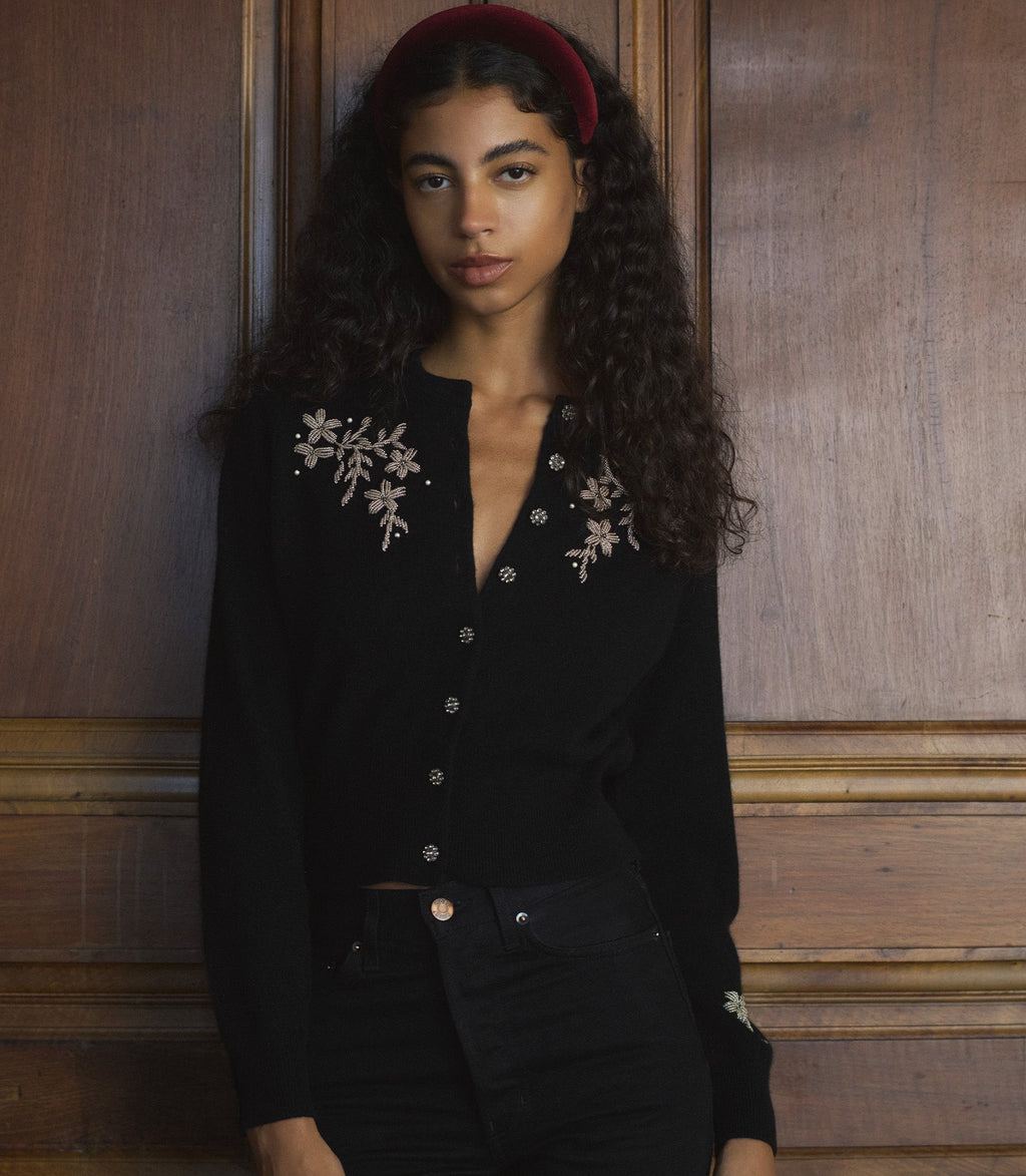 Tresor Black Wool-Cashmere Floral Embroidered Cardigan Sweater with Crystal Buttons