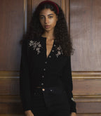 Tresor Black Wool-Cashmere Floral Embroidered Cardigan Sweater with Crystal Buttons