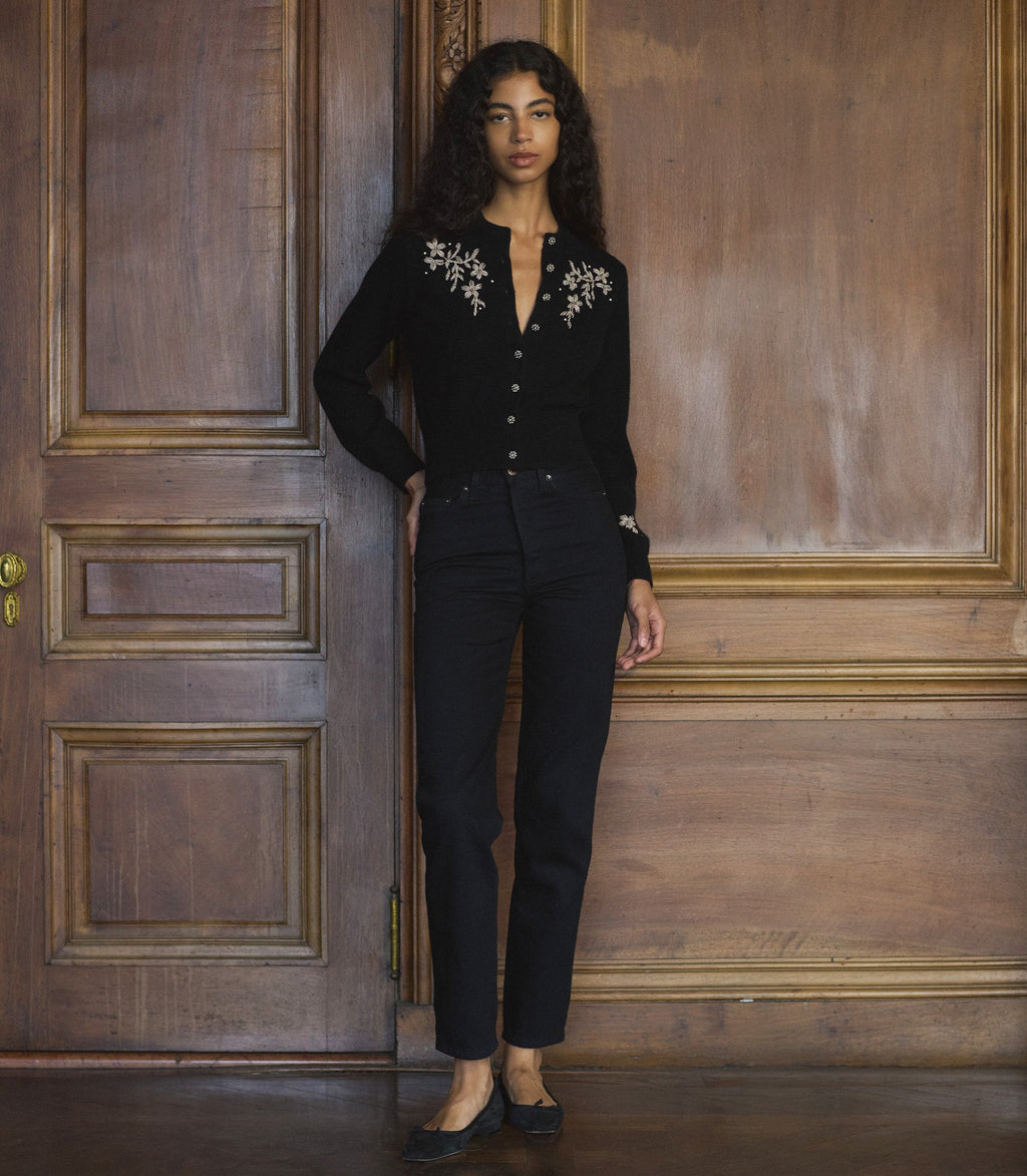 Tresor Black Wool-Cashmere Floral Embroidered Cardigan Sweater with Crystal Buttons