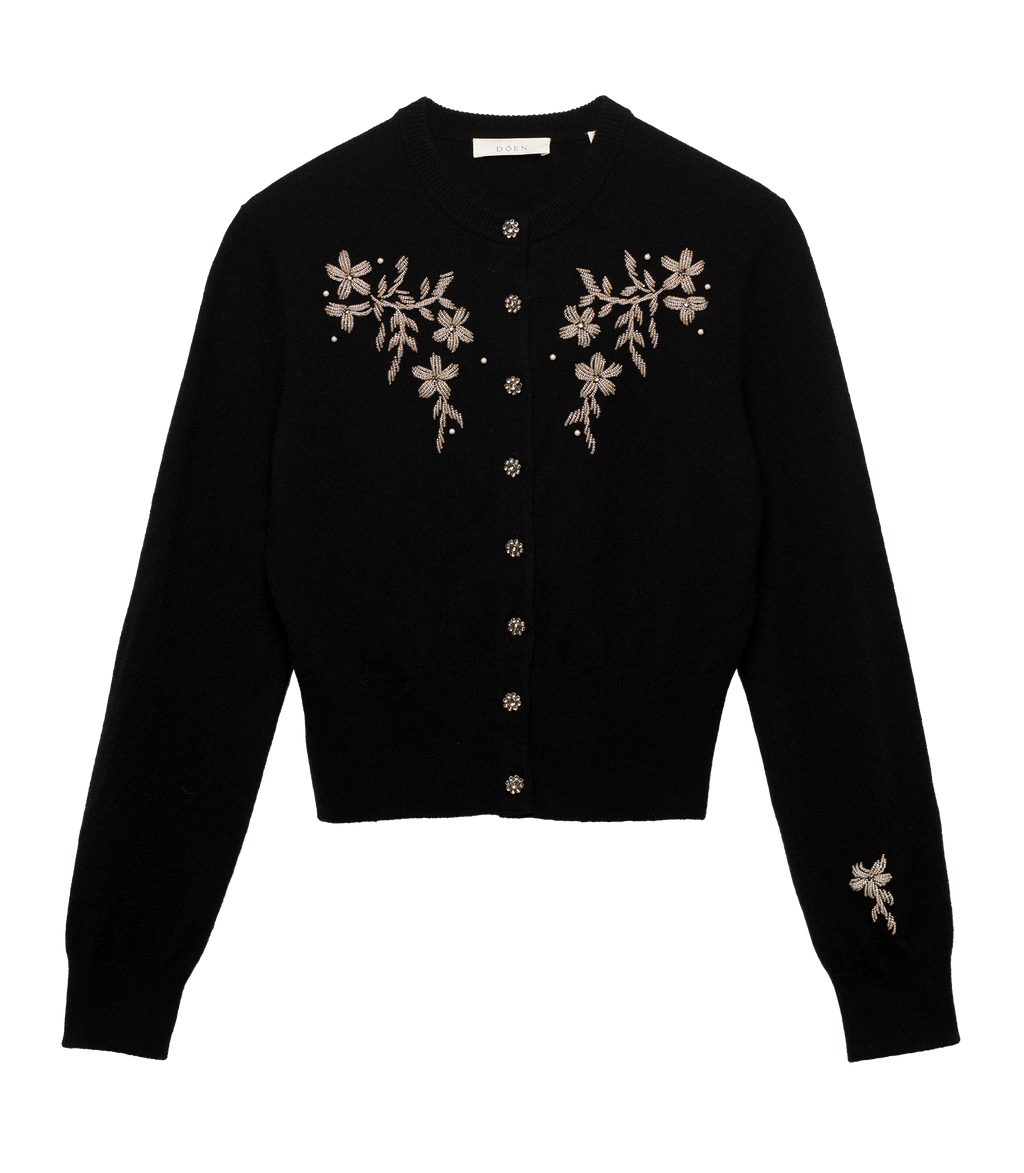 Tresor Black Wool-Cashmere Floral Embroidered Cardigan Sweater with Crystal Buttons