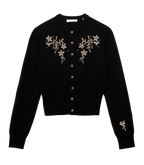 Tresor Black Wool-Cashmere Floral Embroidered Cardigan Sweater with Crystal Buttons