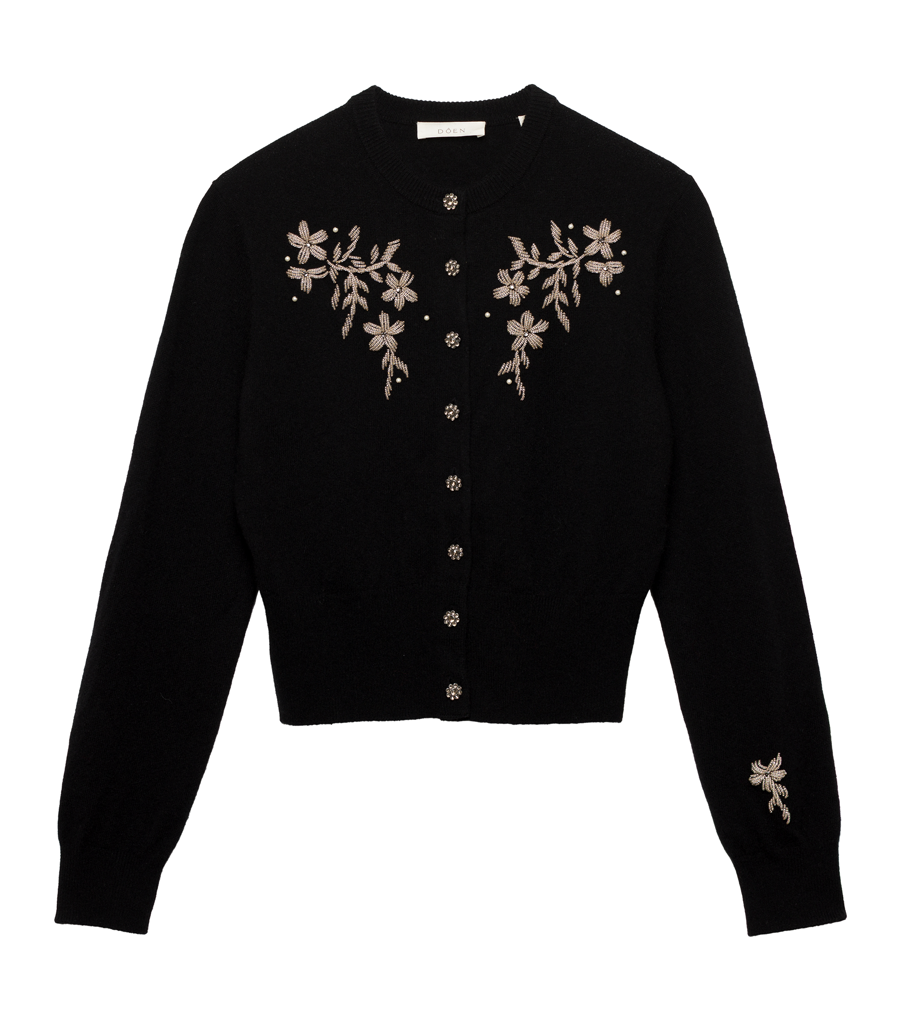 Tresor Black Wool-Cashmere Floral Embroidered Cardigan Sweater with Crystal Buttons