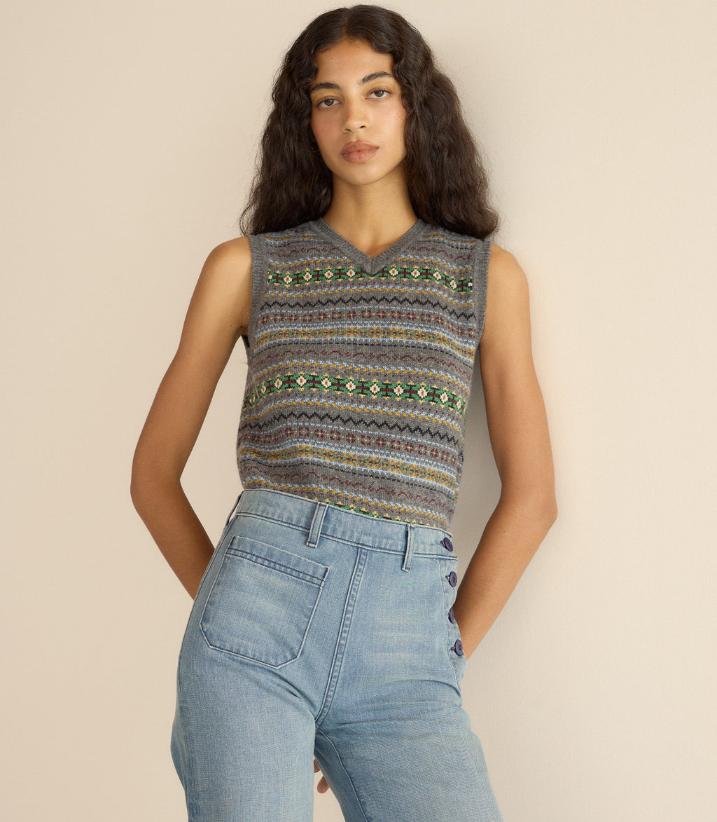 Cozy Wool-Cashmere Dashwood Fair Isle V-Neck Sweater Vest for Women